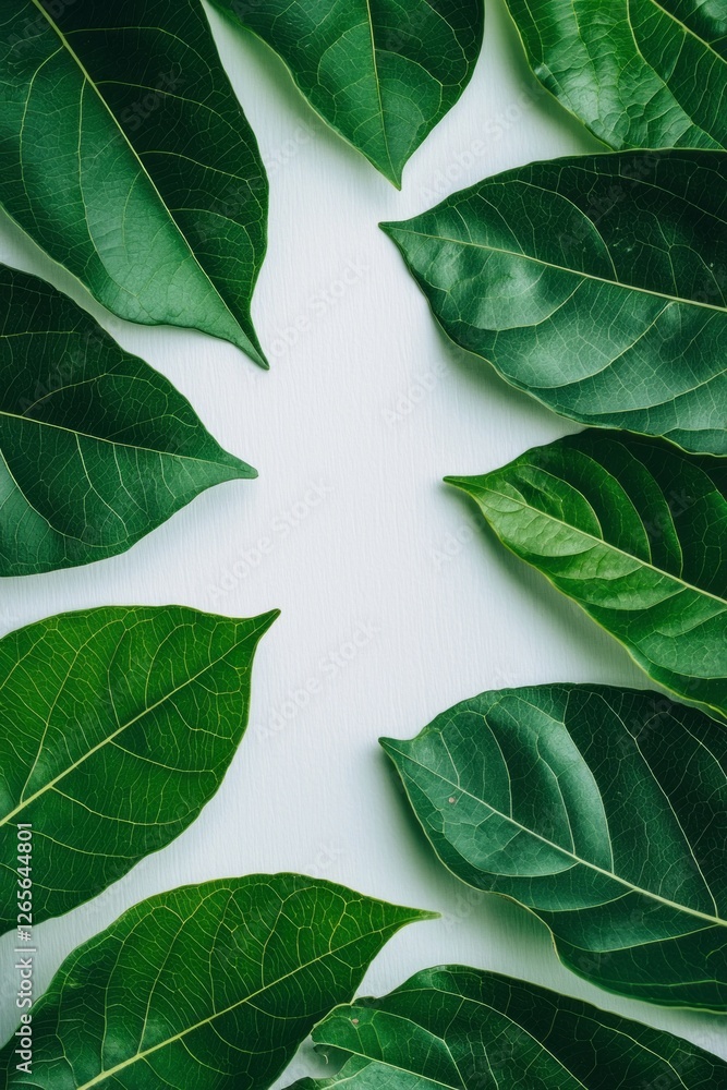 Poster natural green leaves are artfully laid out on a clean white background, creating a harmonious blend 