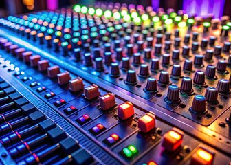 Close-up of Sound Mixer Board Controls, Audio Engineering Console Detail