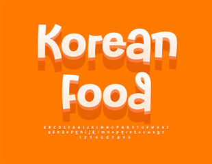 Vector Culinary sticker Asian Food. Funny White Font. Artistic Isometric Alphabet Letters and Numbers set.