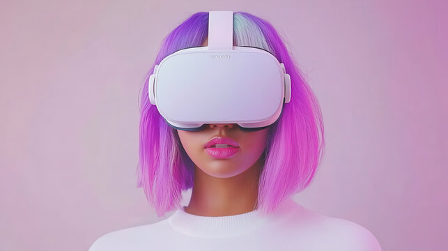 woman with vibrant pink and purple hair wearing virtual reality headset