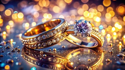 Close-up of Wedding Rings, Sparkling Diamonds, Macro Photography Detail Shot