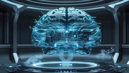 Futuristic cybernetic AI brain with glowing cables in high-tech chamber
