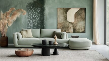 Serene living room features a light green sofa and artwork