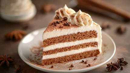 Creamy spice cake slice with rich frosting and cinnamon dusting - perfectly spiced dessert.