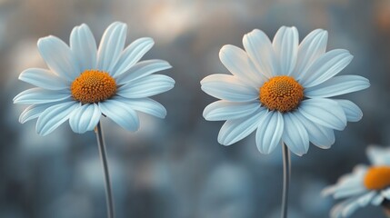 Naklejka premium Two daisies blooming, field background, serenity, greeting card