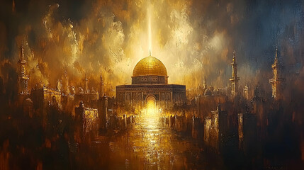 Obraz premium Golden Dome, city, light beam, spiritual, hope, painting, religious, artwork, faith, background