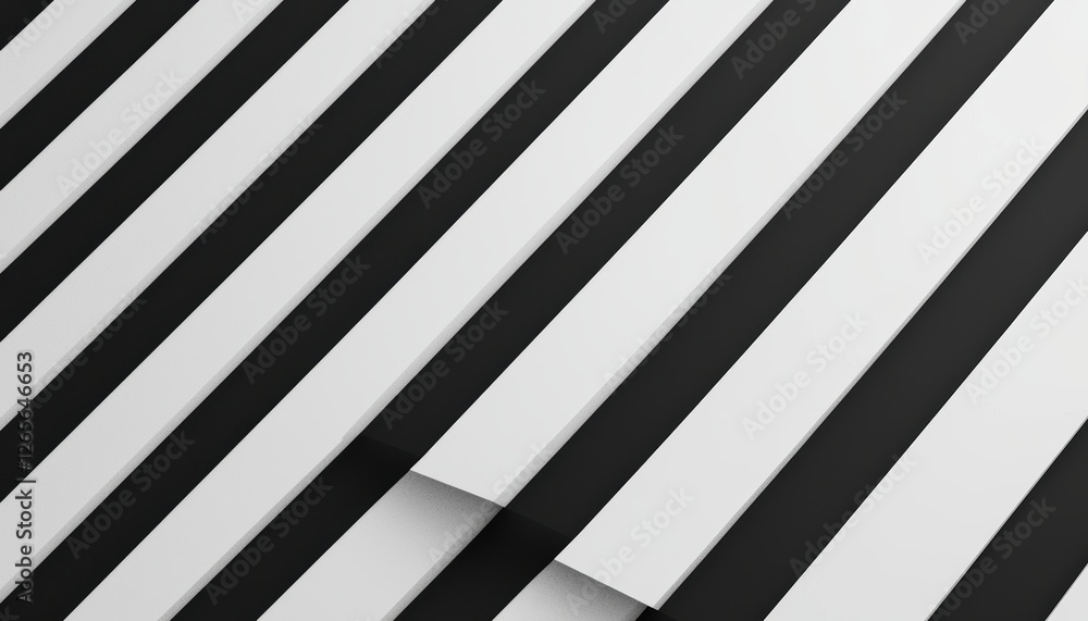Poster 3d-rendered black and white striped pattern, bold diagonal lines creating a sense of depth and movem