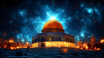 Obraz premium Golden Dome Jerusalem Night Celestial Spirituality