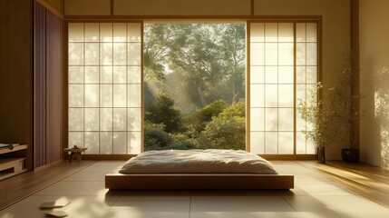 Minimalist bedroom showcases a peaceful nature view through sliding doors