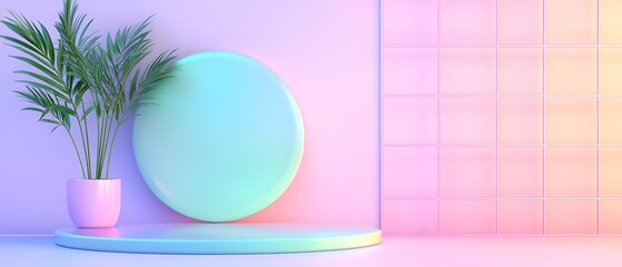 A green and blue sphere sits on a pedestal in front of a pink wall