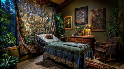 Serene wellness room with ornate decor, plants, and a massage table, inviting relaxation and tranquility
