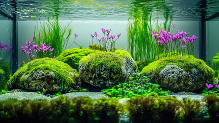 Serene underwater landscape featuring vibrant pink flowers and lush green moss on rocks