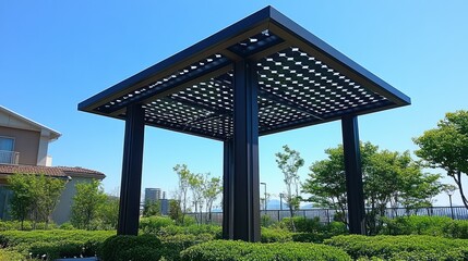 Modern square pergola in landscaped urban garden, overlooking city skyline