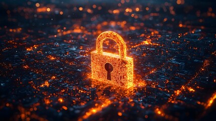 Glowing Lock Securing the Vibrant Business City at Night with Data and Light Flows