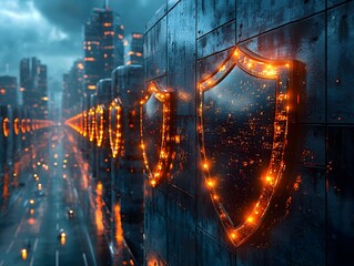 Illuminated Skyscraper Shields Symbolize Business Insurance Safeguarding Processes
