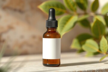 Natural, eco-friendly skincare. Serum bottle with a white label.