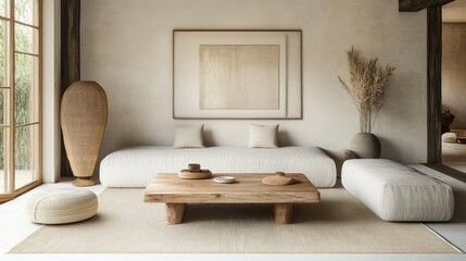 Minimalist living room displays earthy tones and natural elements