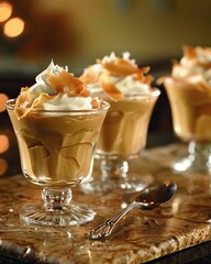 Elegant Caramel Pudding with Whipped Cream and Toffee Shavings in Glass Dessert Cups