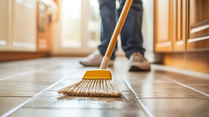Man Sweeping Kitchen Floor with Broom