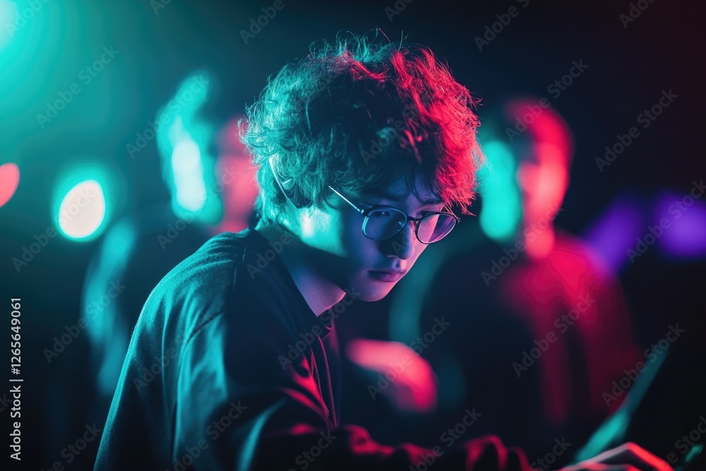 Poster dynamic portrait of esports player mid-action illuminated by colorful lights gripping mouse blurred 