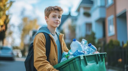 Teen Boy Promoting Eco-Friendly Recycling Efforts