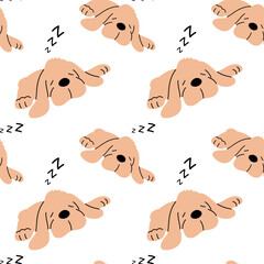 Seamless pattern with dog puppy. A domestic dog spaniel sleeps. Pet friend. Cute animal. Design for background, decoration and print. Vector flat illustration background