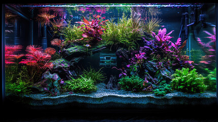 Vibrant Aquascape Featuring Lush Greenery and Colorful Plants in a Well-Designed Aquarium