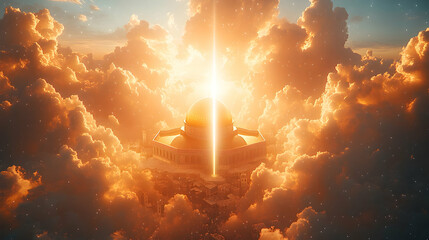 Fototapeta premium Heavenly Dome Sunrise Divine light shines on a golden dome amidst clouds. Use Religious, spiritual, hope