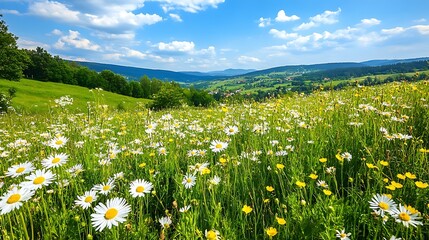 Daisies bloom in a mountain meadow landscape