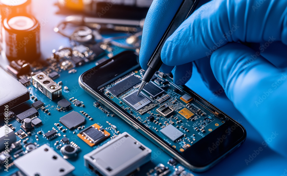 Poster a close-up of gloved hands working on a microchip with precision tools, symbolizing high-tech electr