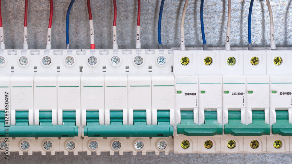 Sticker row of white and green electrical switches. The switches are labeled with numbers and letters. The switches are connected to a metal frame