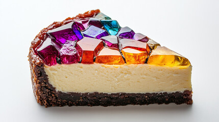 Slice of stained glass cheesecake with crystalline topping on white background: unique and artistic dessert.