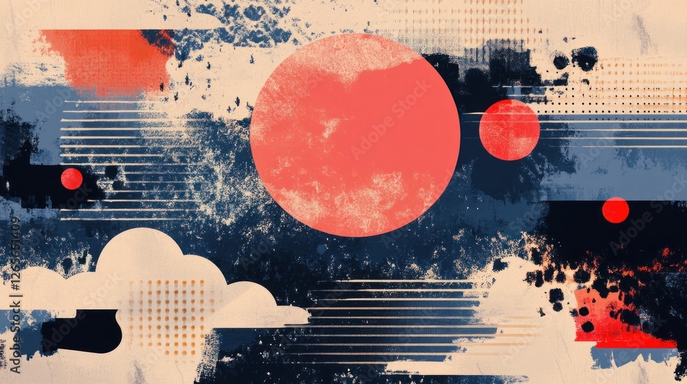 Poster abstract celestial landscape with clouds and geometric elements artwork