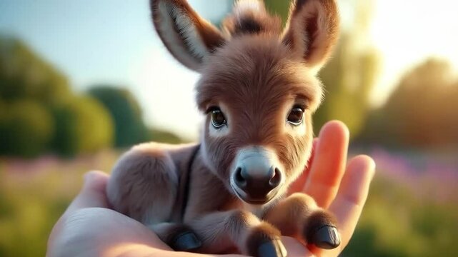 Baby tiny donkey in the hands of a person