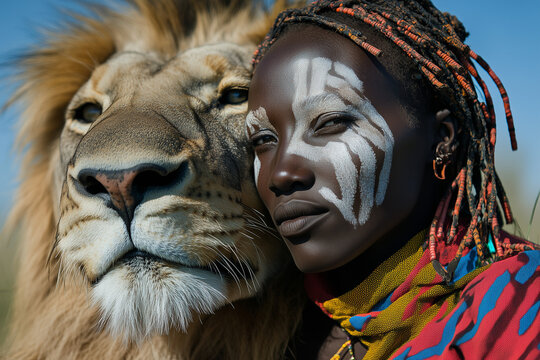 African tribe woman with her face painted between a lion in the sabana