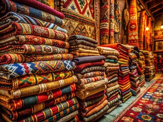 Colorful Handmade Rugs Stacked at Central Market - Low Light Photography