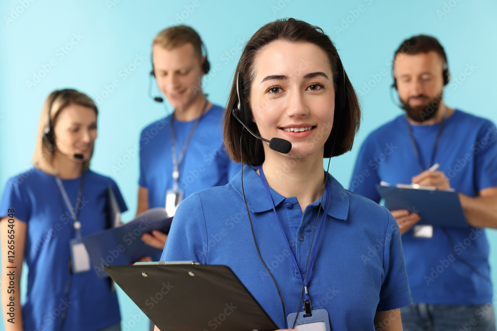 Poster technical support call center. team of friendly operators working on light blue background