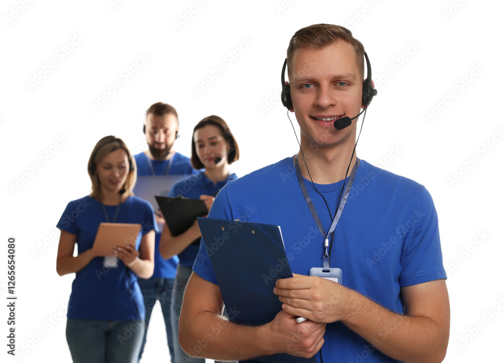 Poster technical support call center. team of friendly operators on white background