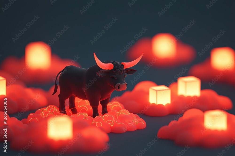 Aufkleber a black bull stands on glowing red clouds surrounded by illuminated cubes, creating a surreal and ca