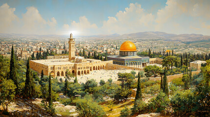 Naklejka premium Jerusalem Dome of the Rock panoramic view, city background, historical landmark, travel