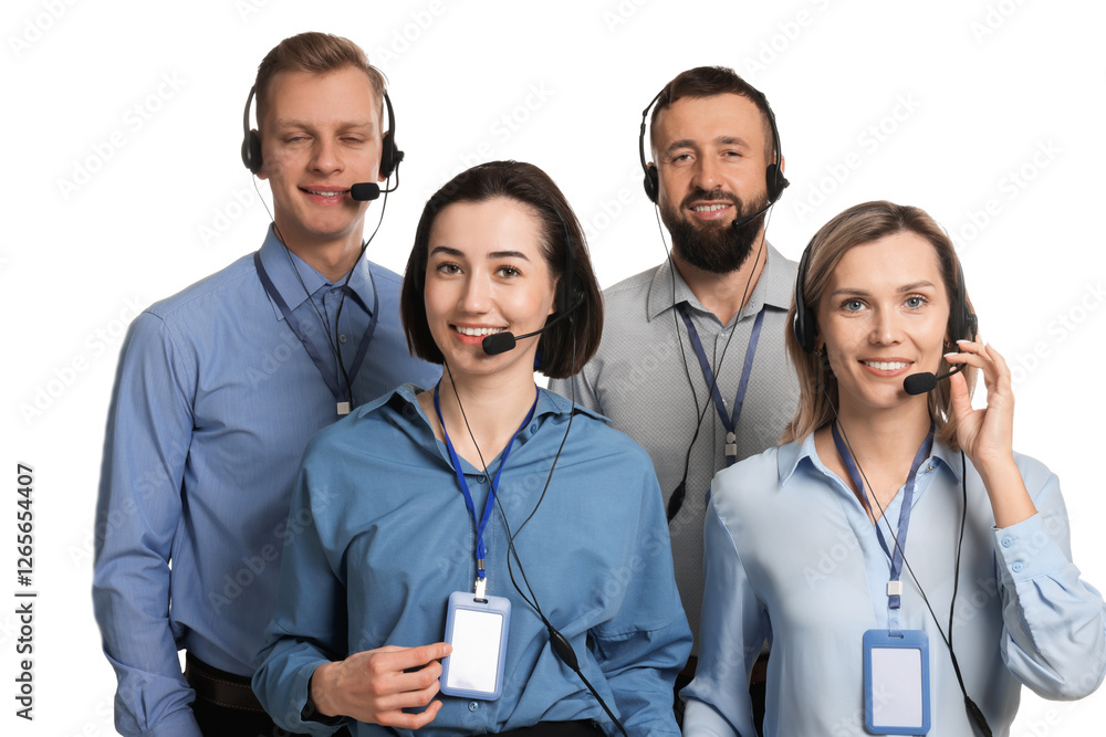 Poster technical support call center. team of friendly operators on white background