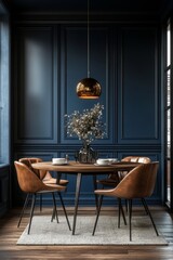 Home mockup, modern dark blue dining room interior with brown leather chairs, wooden table and decor, 3d render