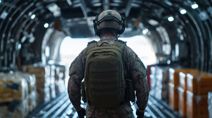 A soldier in tactical gear inside a military cargo aircraft, overseeing stacked supply boxes for transportation and deployment.
