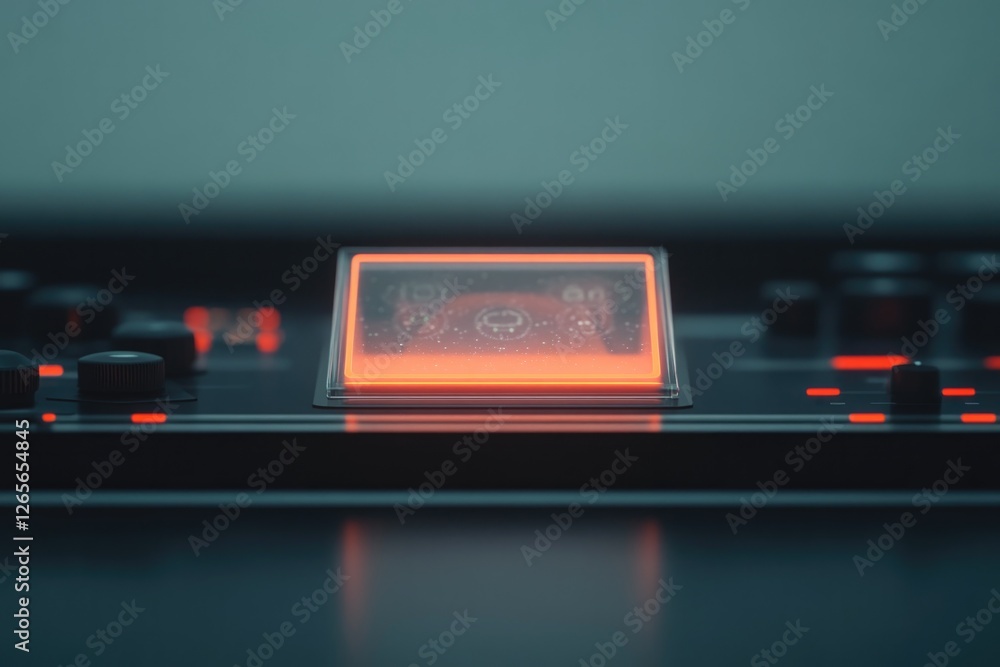 Poster glowing holographic display with vintage buttons and dials set in retro-futuristic control panel wit