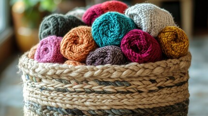 Obraz premium A charming display of a basket packed with multicolored knitted pieces, perfect for cozy home decor inspiration.