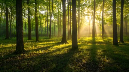 Obraz premium Sunlit Forest Path Morning Light Illuminates Trees