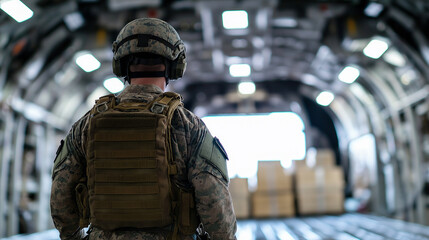 A soldier in tactical gear inside a military cargo aircraft, overseeing stacked supply boxes for transportation and deployment.
