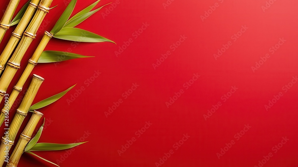 Poster a vibrant red background with bamboo branches and leaves on one side, creating a harmonious and natu