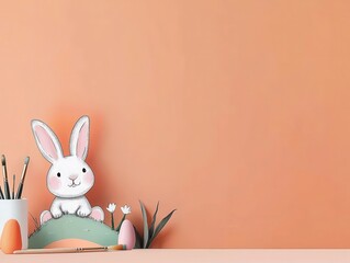 Obraz premium A cute cartoon bunny sits on a pastel-colored shelf with decorative plants, against a soft orange background.