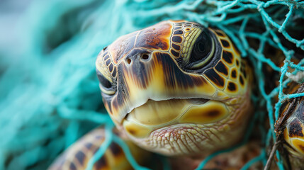 Fototapeta premium A sea turtle trapped in a discarded fishing net underwater, highlighting the issue of ocean pollution and marine conservation.